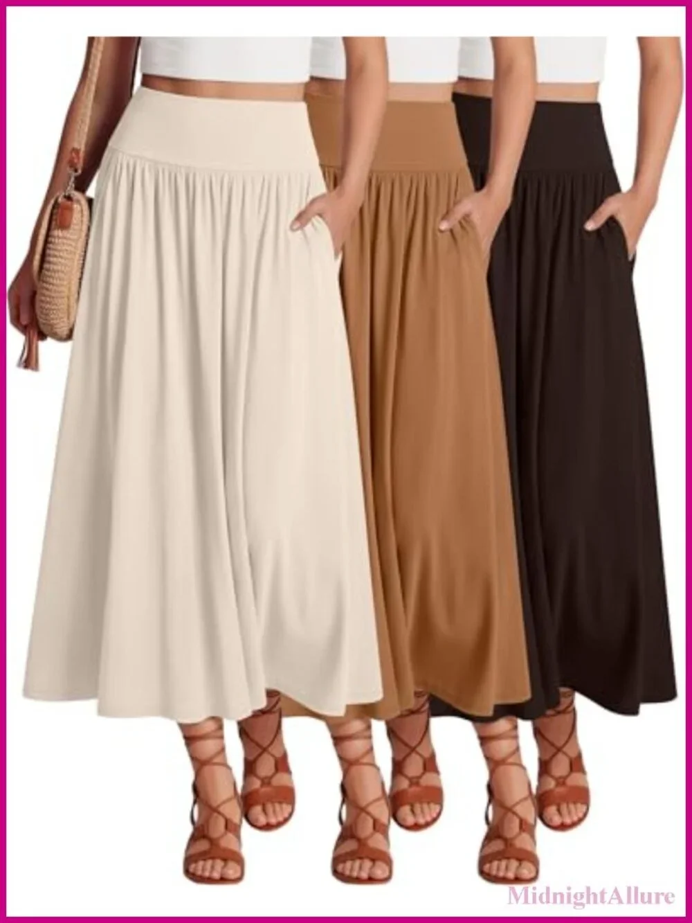 3 Pack Maxi Long Skirts, High Waisted Pleated A-Line with Pockets